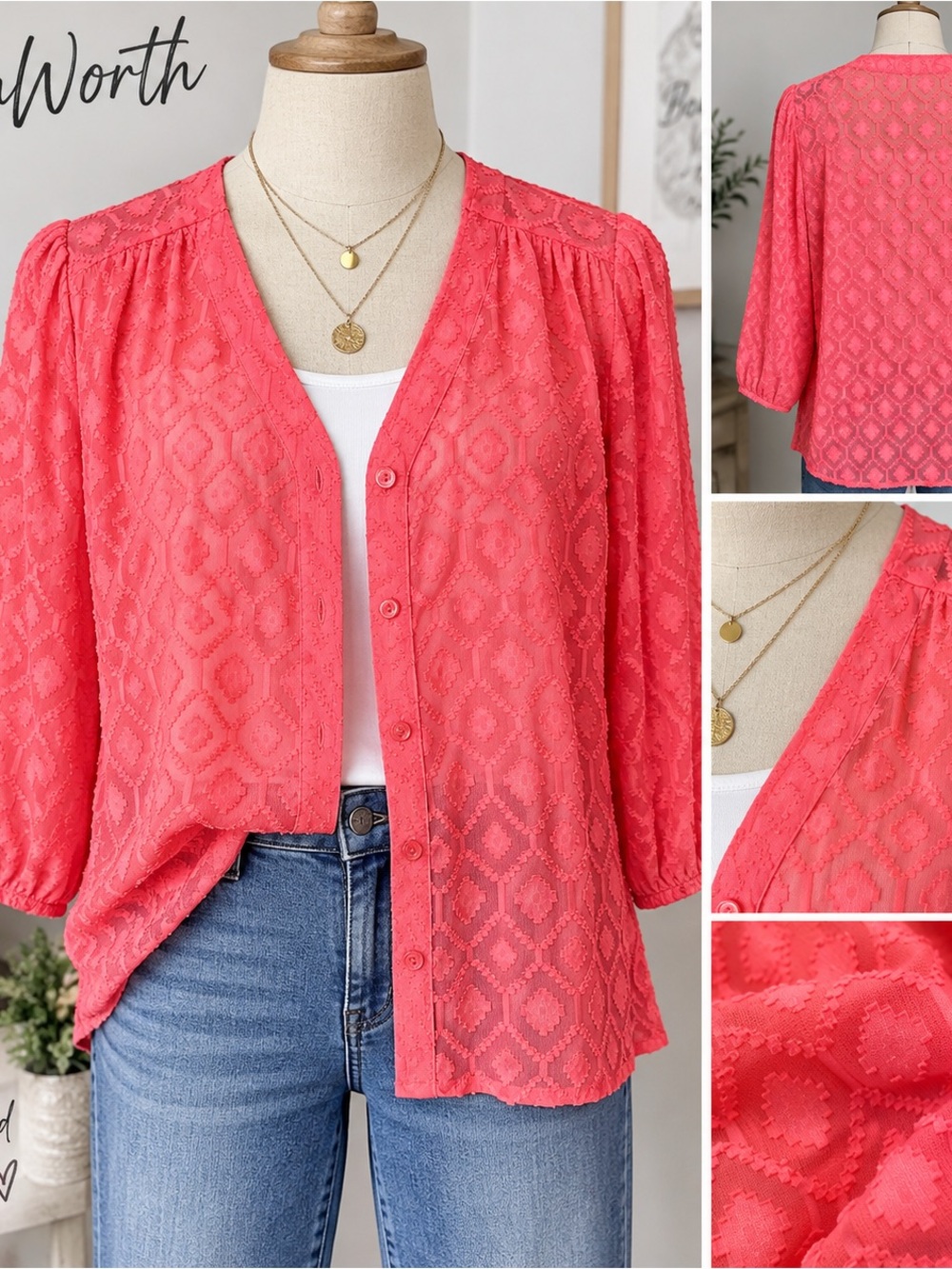 BonWorth Women’s L Coral Pink Sheer Textured Geometric Button Front Blouse